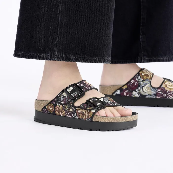 Women Birkenstock TwoStrap Arizona Flex Platform Brocade Black