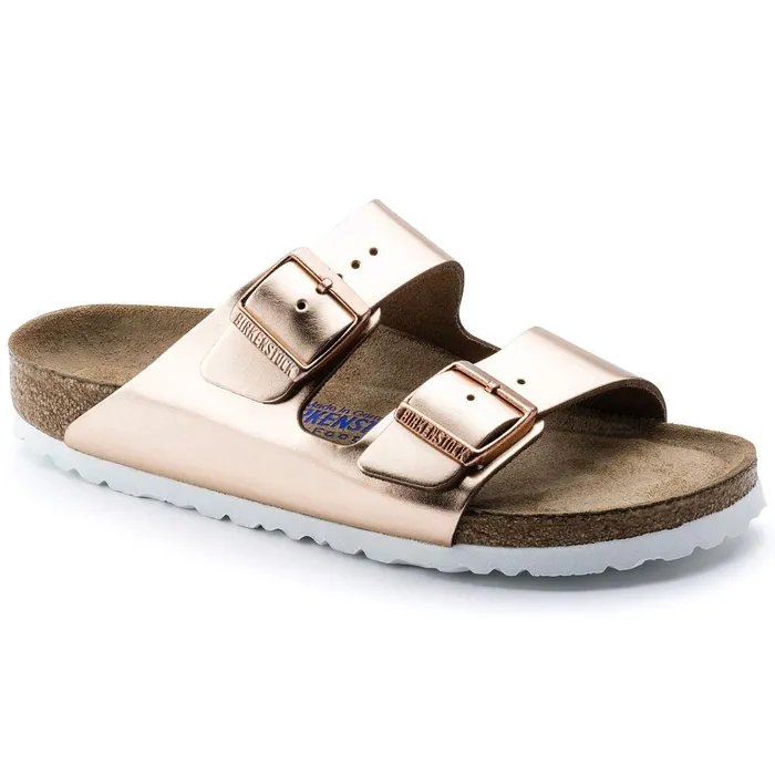 Women Birkenstock TwoStrap Arizona Soft Footbed Metallic Copper