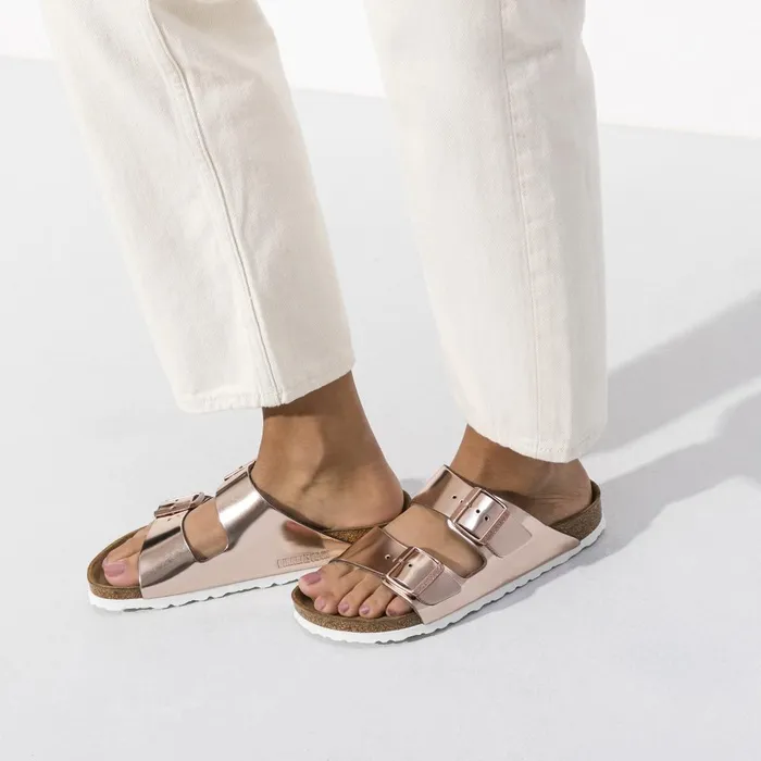 Women Birkenstock TwoStrap Arizona Soft Footbed Metallic Copper