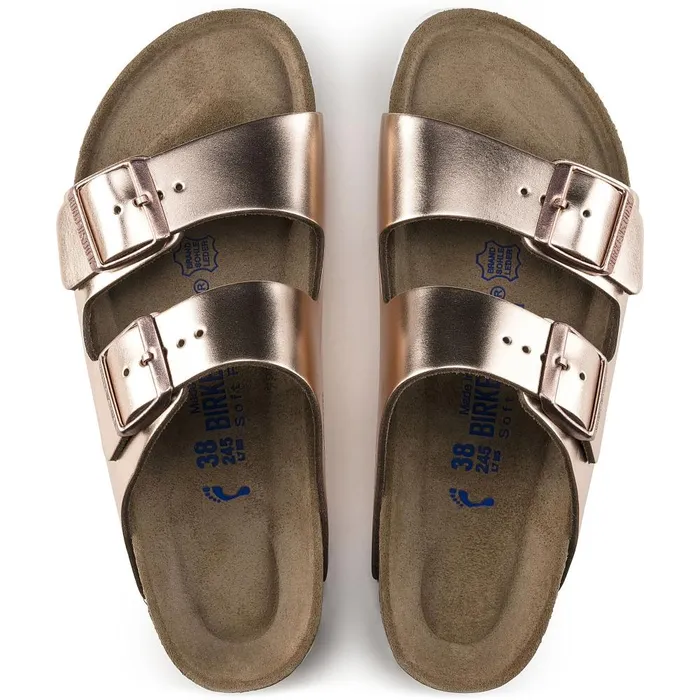 Women Birkenstock TwoStrap Arizona Soft Footbed Metallic Copper