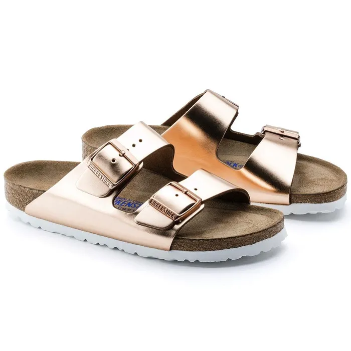Women Birkenstock TwoStrap Arizona Soft Footbed Metallic Copper