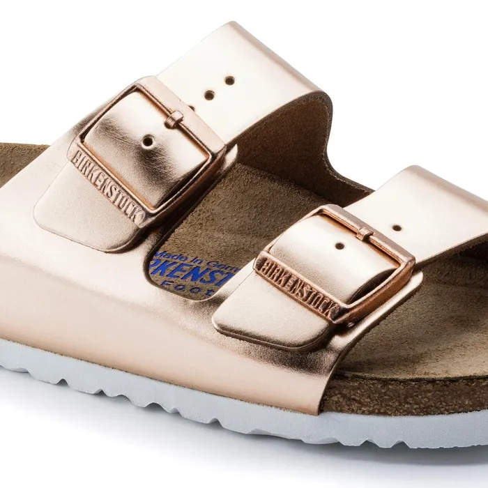 Women Birkenstock TwoStrap Arizona Soft Footbed Metallic Copper