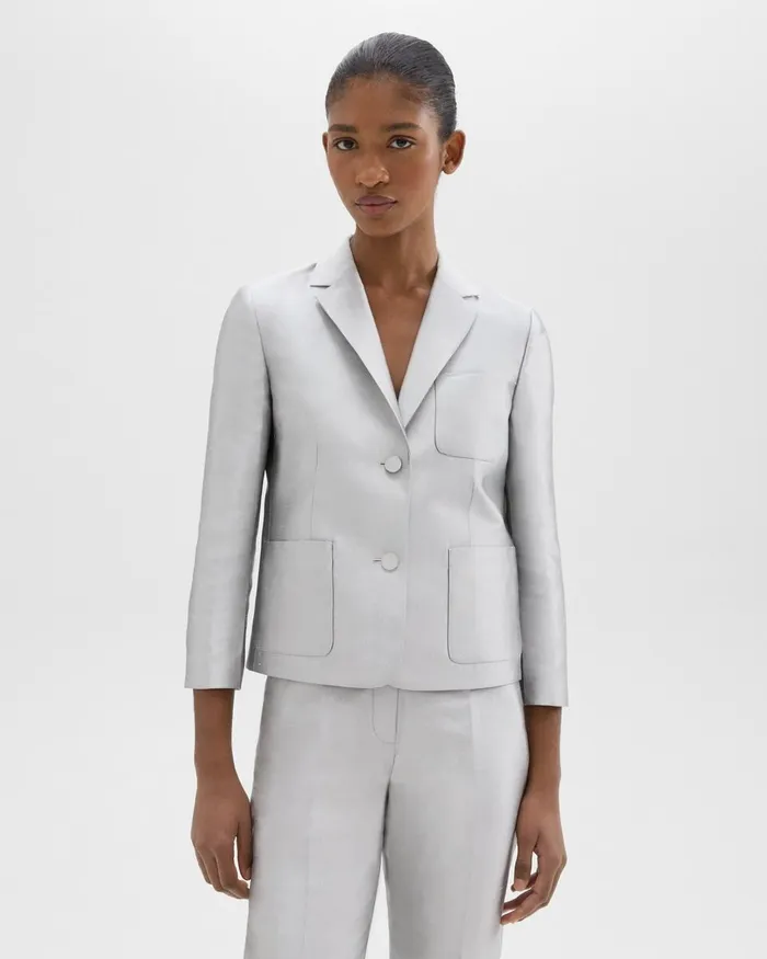 Women Blazers Jackets Theory Boxy Patch Pocket Blazer In Metallic Silk Twill Ice Grey