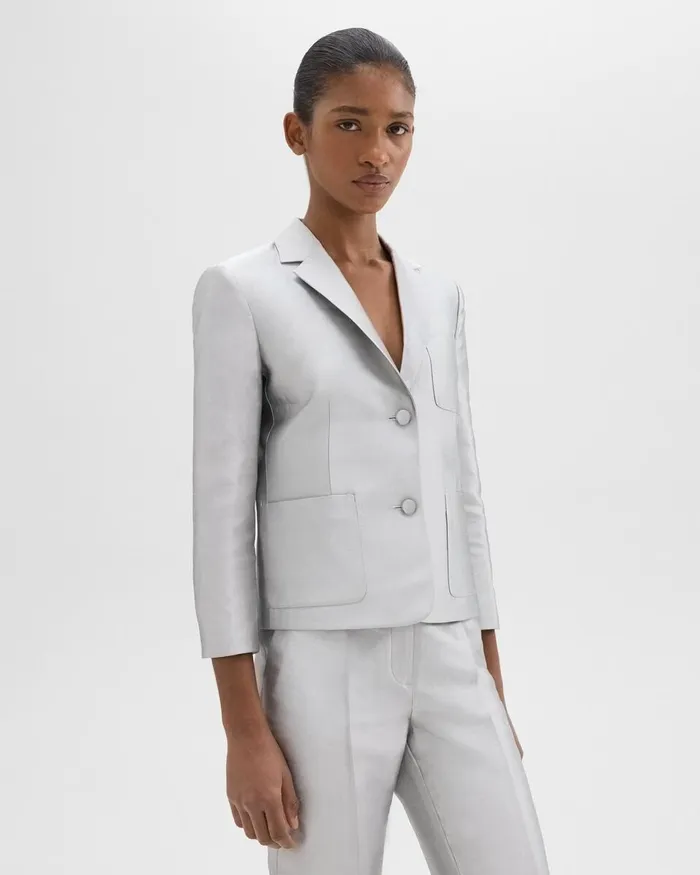 Women Blazers Jackets Theory Boxy Patch Pocket Blazer In Metallic Silk Twill Ice Grey