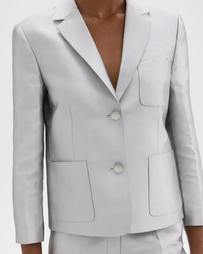 Women Blazers Jackets Theory Boxy Patch Pocket Blazer In Metallic Silk Twill Ice Grey