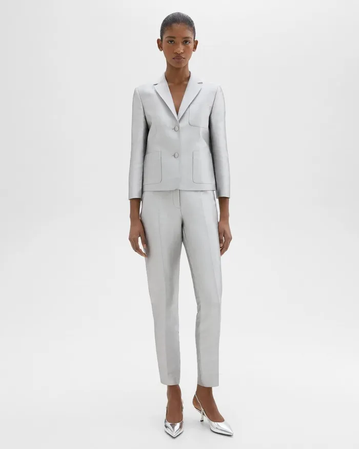 Women Blazers Jackets Theory Boxy Patch Pocket Blazer In Metallic Silk Twill Ice Grey