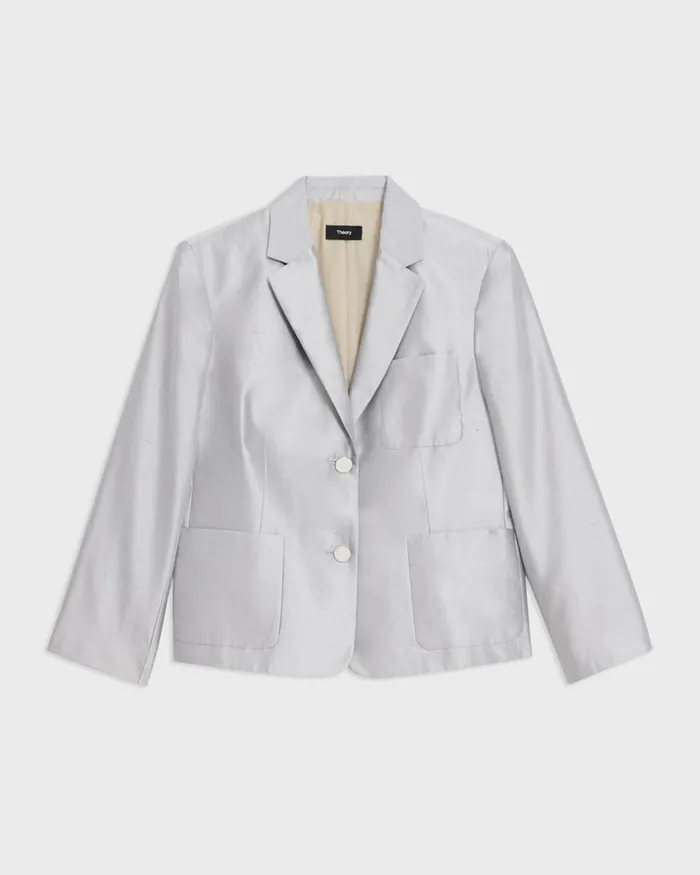Women Blazers Jackets Theory Boxy Patch Pocket Blazer In Metallic Silk Twill Ice Grey