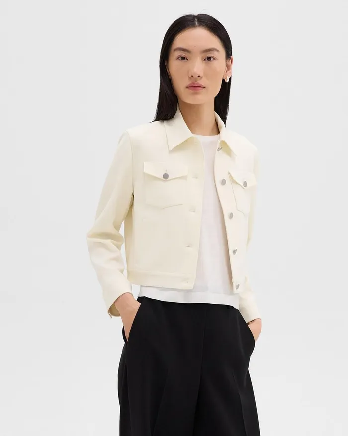 Women Blazers Jackets Theory Shrunken Trucker Jacket In Admiral Crepe Rice