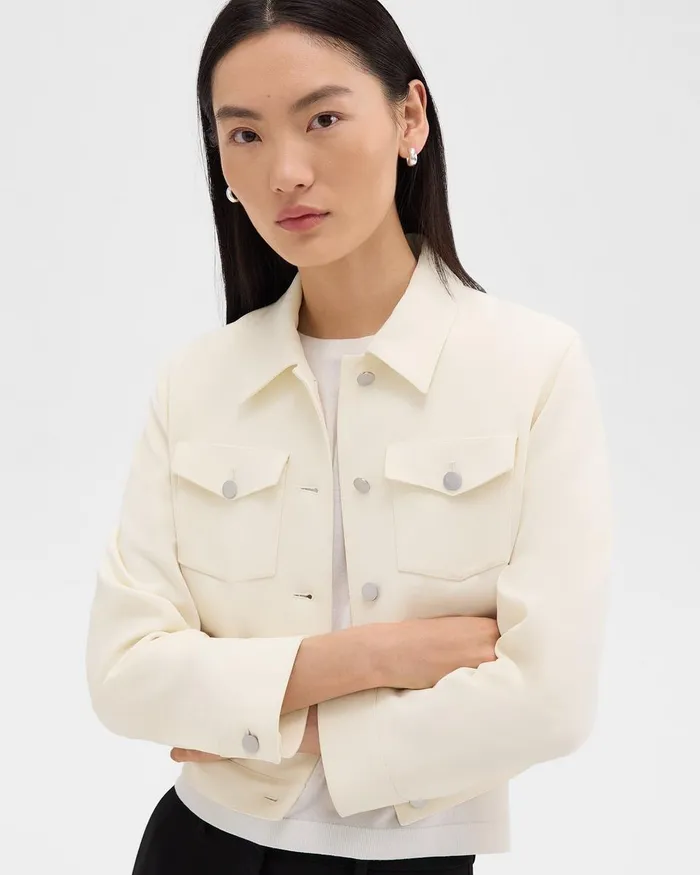 Women Blazers Jackets Theory Shrunken Trucker Jacket In Admiral Crepe Rice