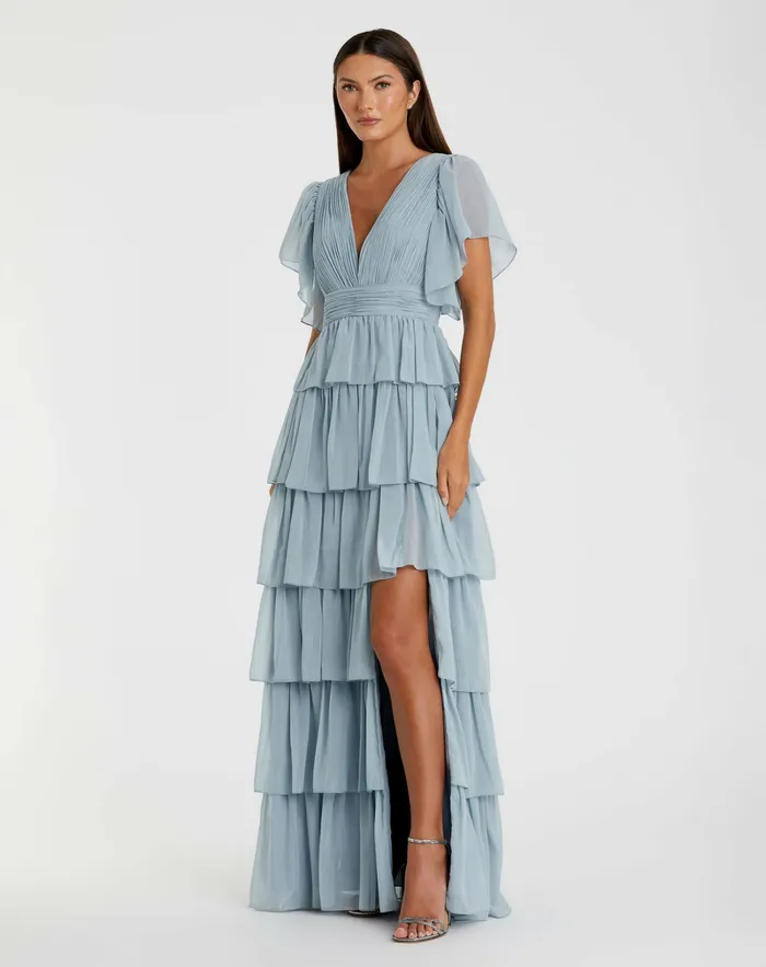 Women Blue Flutter Sleeve Ruffle Tiered Gown Slate Blue Daytime Dresses Mac Duggal