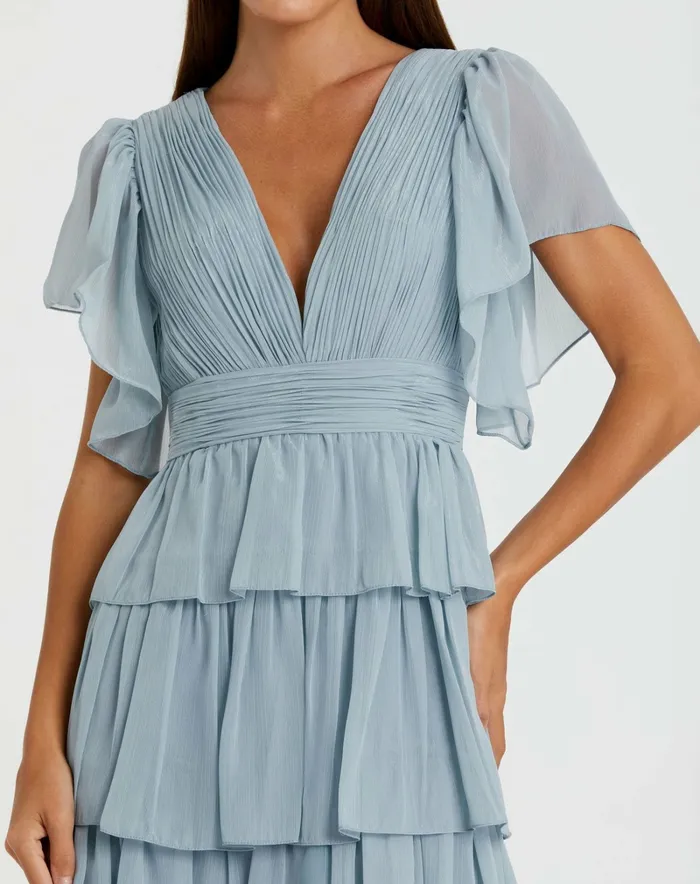 Women Blue Flutter Sleeve Ruffle Tiered Gown Slate Blue Daytime Dresses Mac Duggal Women Blue Flutter Sleeve Ruffle Tiered Gown Slate Blue Daytime Dresses Mac Duggal