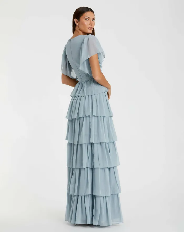 Women Blue Flutter Sleeve Ruffle Tiered Gown Slate Blue Daytime Dresses Mac Duggal Women Blue Flutter Sleeve Ruffle Tiered Gown Slate Blue Daytime Dresses Mac Duggal