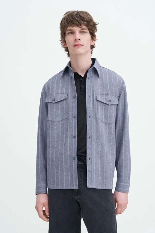 Women Brushed Wool Overshirt Grey Blue Stripe Filippa K Shirts and Blouses