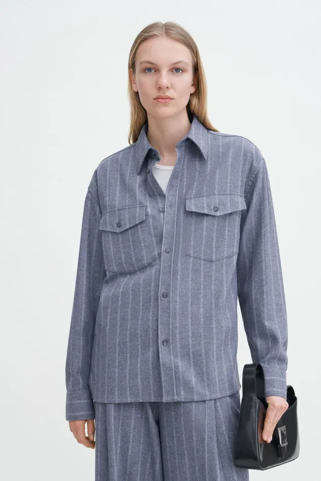 Women Brushed Wool Overshirt Grey Blue Stripe Filippa K Shirts and Blouses