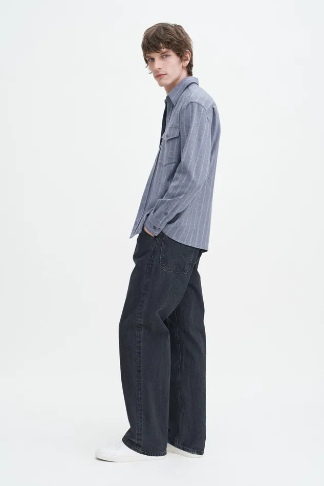 Women Brushed Wool Overshirt Grey Blue Stripe Filippa K Shirts and Blouses