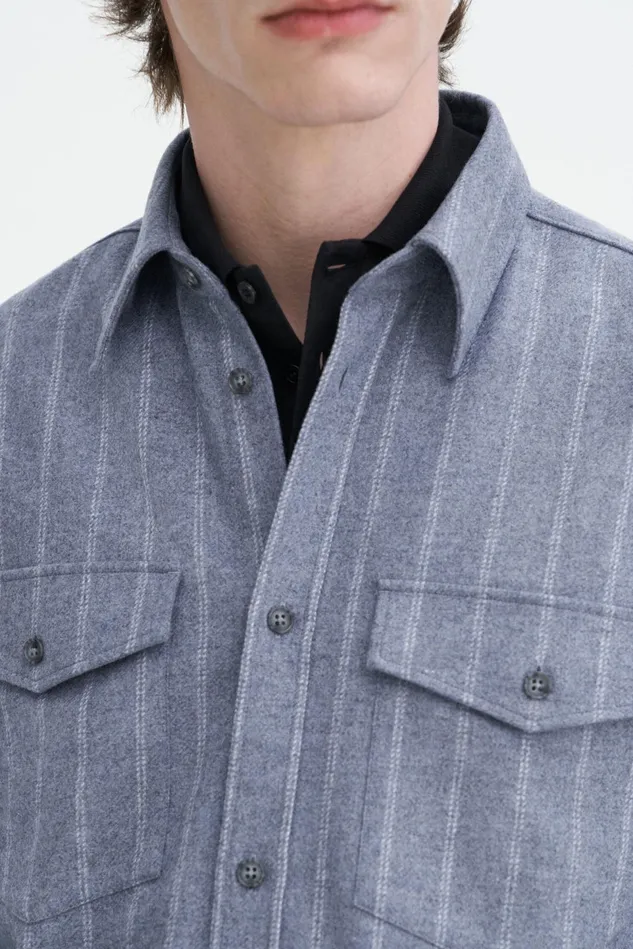 Women Brushed Wool Overshirt Grey Blue Stripe Filippa K Shirts and Blouses