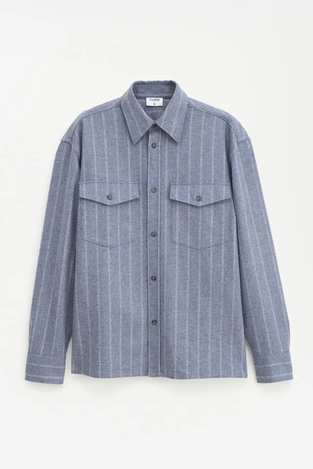 Women Brushed Wool Overshirt Grey Blue Stripe Filippa K Shirts and Blouses