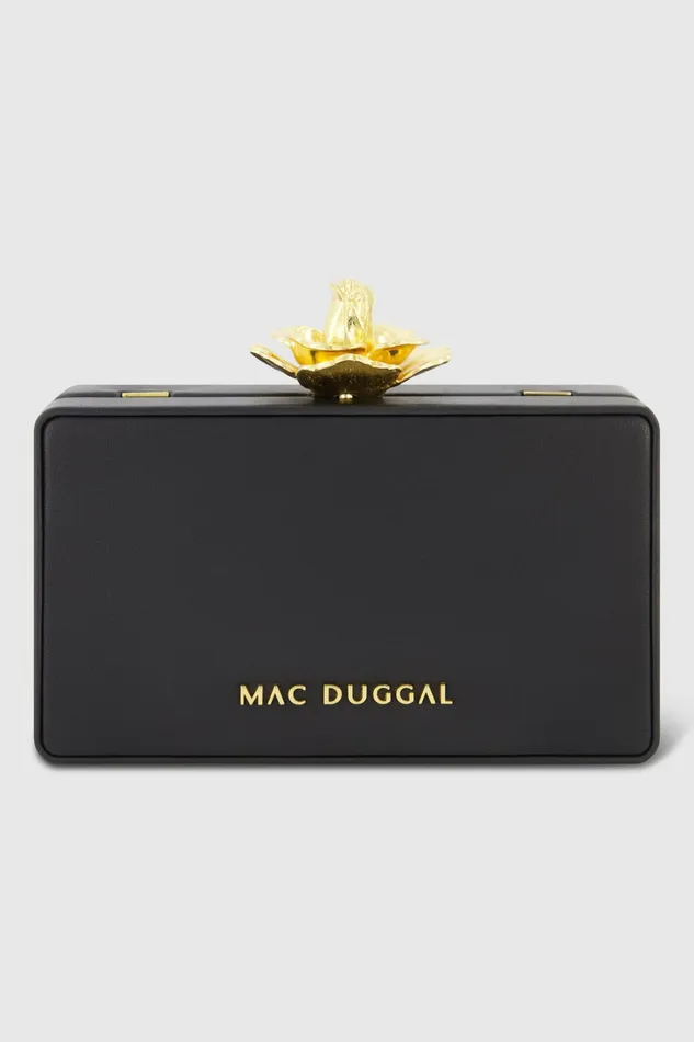 Women Clutches Mac Duggal Gold Rose Mini Black Nappa Leather Box Clutch Black