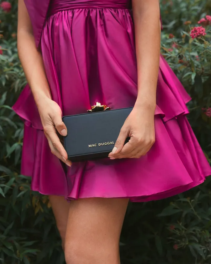 Women Clutches Mac Duggal Gold Rose Mini Black Nappa Leather Box Clutch Black