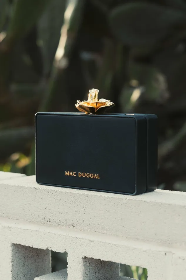Women Clutches Mac Duggal Gold Rose Mini Black Nappa Leather Box Clutch Black