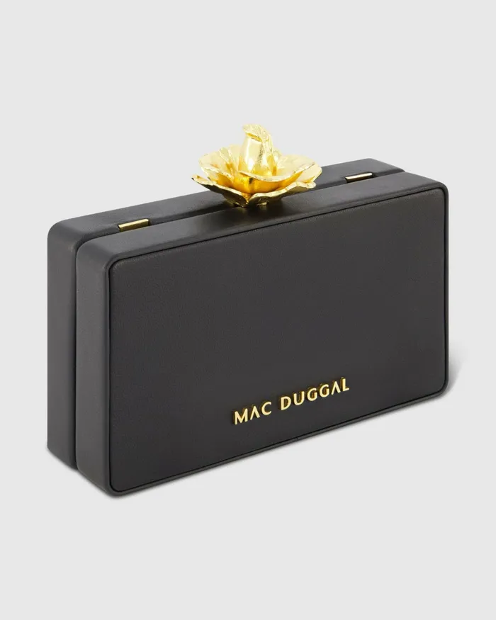 Women Clutches Mac Duggal Gold Rose Mini Black Nappa Leather Box Clutch Black