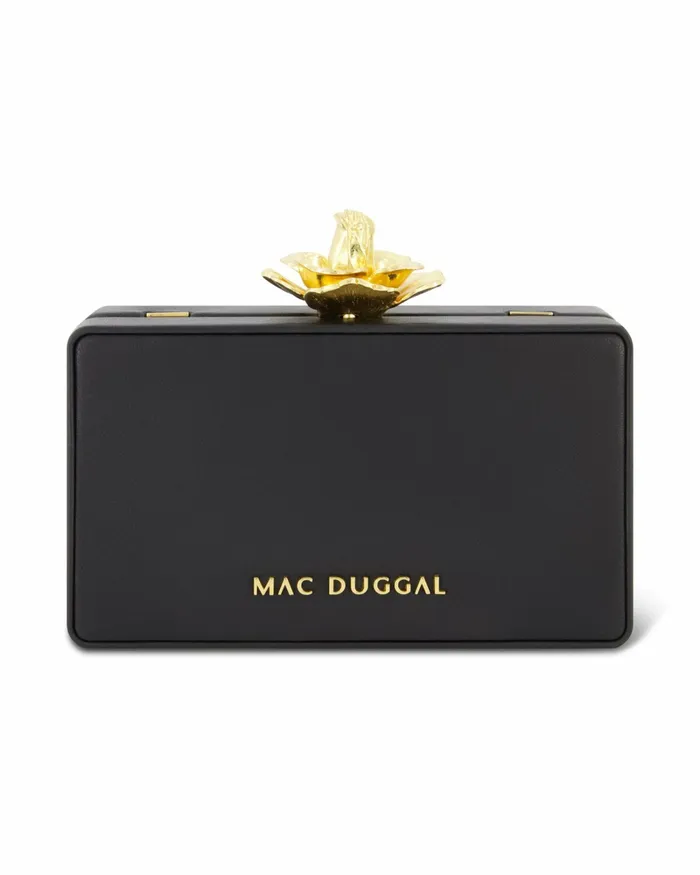 Women Clutches Mac Duggal Gold Rose Mini Black Nappa Leather Box Clutch Black