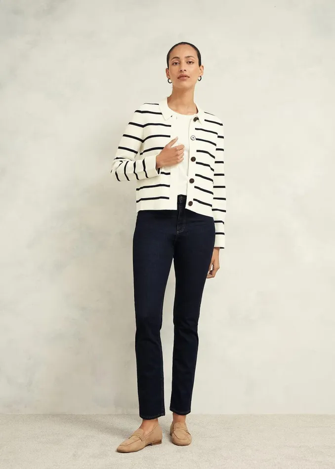 Women Coats and Jackets Hobbs Ellie Cotton Wool Knitted Jacket Ivory Navy