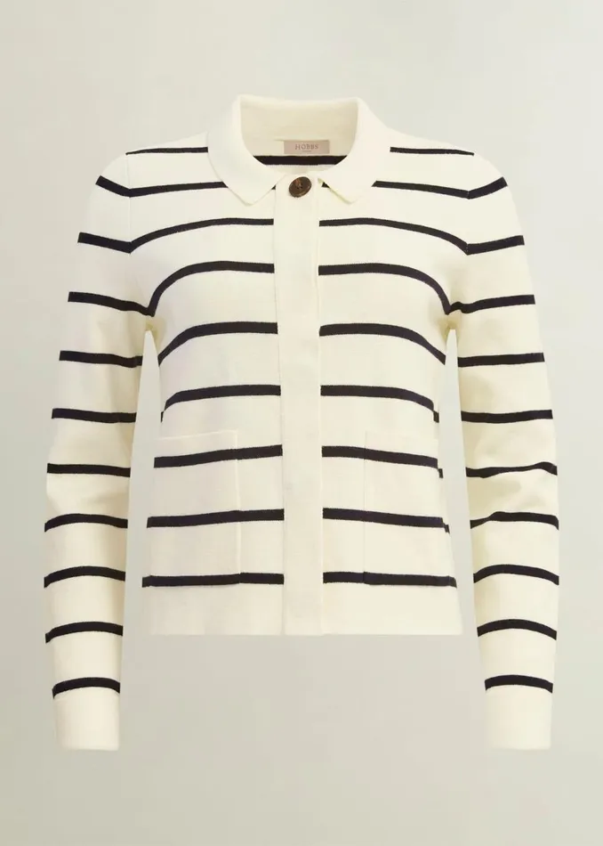 Women Coats and Jackets Hobbs Ellie Cotton Wool Knitted Jacket Ivory Navy