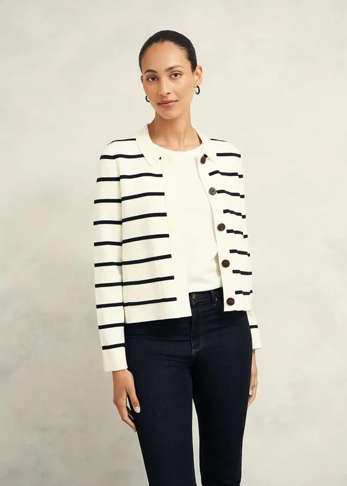 Women Coats and Jackets Hobbs Ellie Cotton Wool Knitted Jacket Ivory Navy