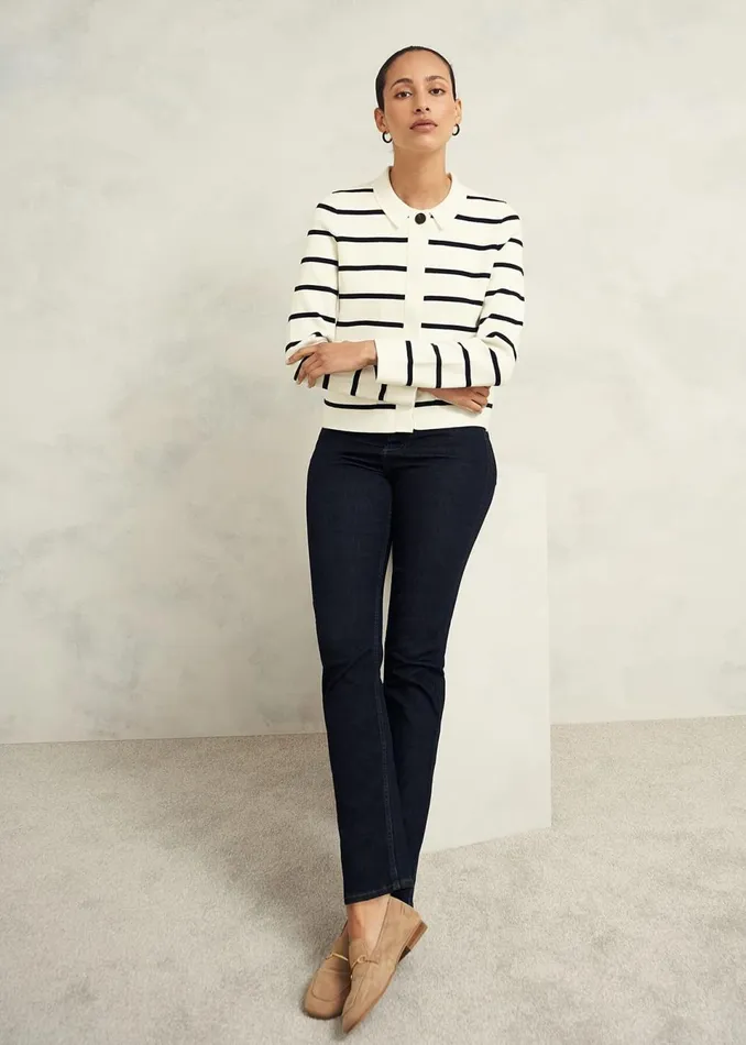 Women Coats and Jackets Hobbs Ellie Cotton Wool Knitted Jacket Ivory Navy