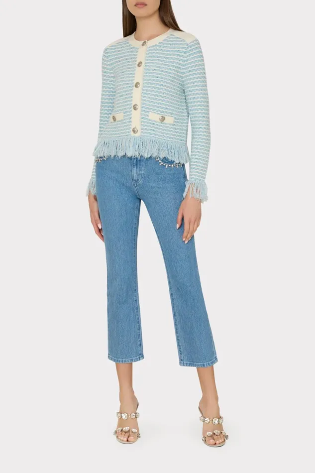 Women Coats and Jackets Milly Textured Fringe Cardigan Jacket Blue Multi Women Coats and Jackets Milly Textured Fringe Cardigan Jacket Blue Multi