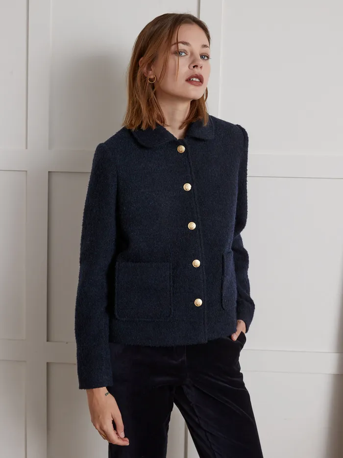 Women Cyrillus Clothing Boucl Fabric Jacket With Round Neckline Marine Noir