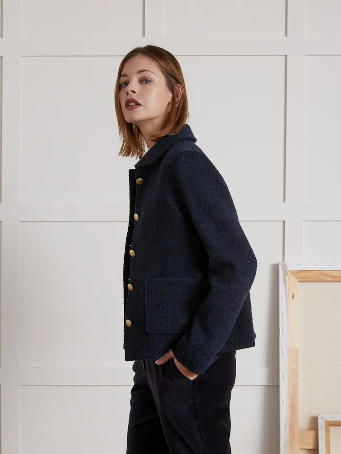 Women Cyrillus Clothing Boucl Fabric Jacket With Round Neckline Marine Noir