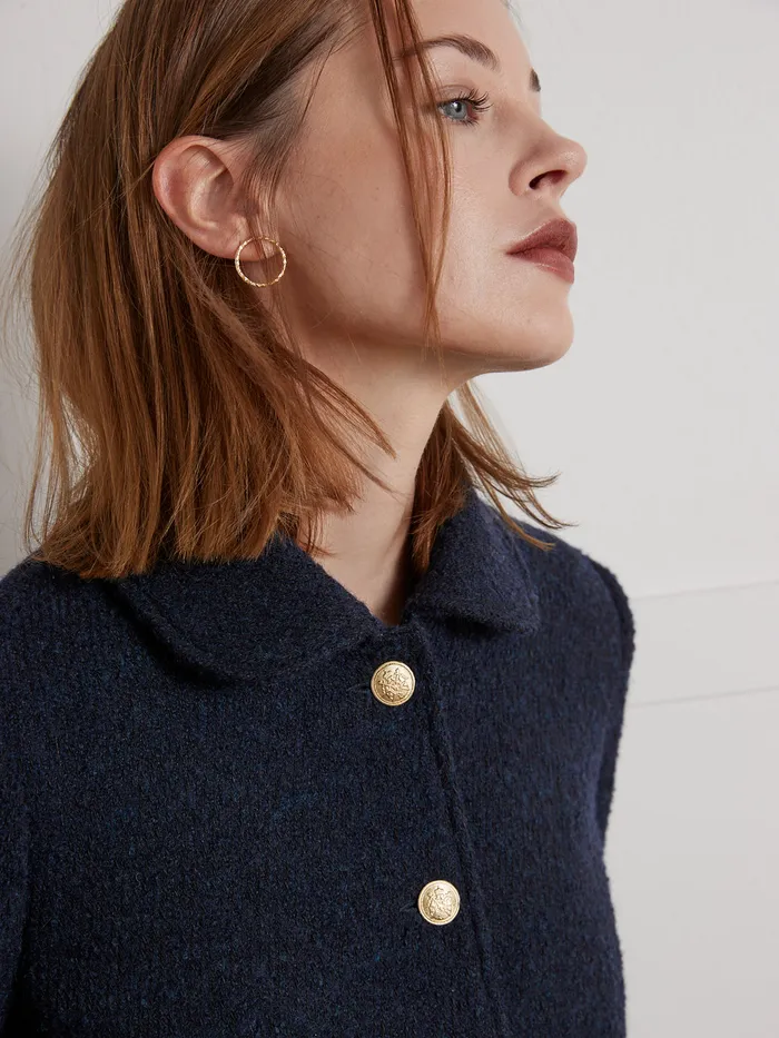 Women Cyrillus Clothing Boucl Fabric Jacket With Round Neckline Marine Noir