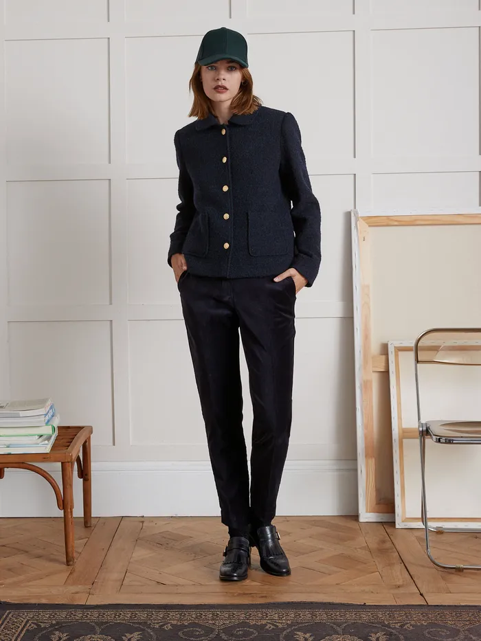 Women Cyrillus Clothing Boucl Fabric Jacket With Round Neckline Marine Noir