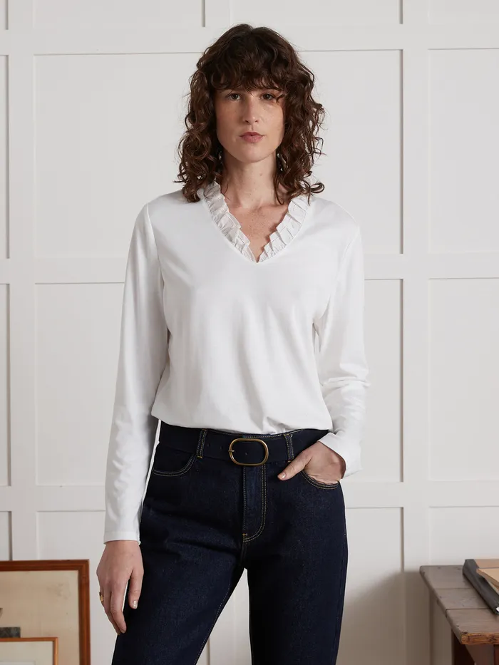 Women Cyrillus Clothing Cotton And Modal TShirt With Embroidered Neckline Blanc