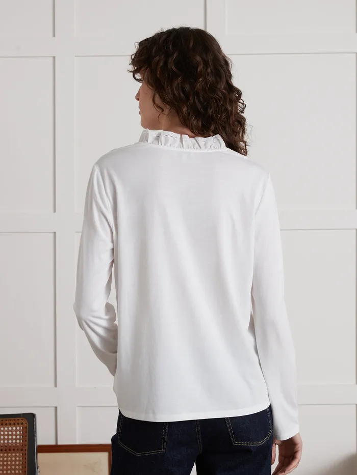 Women Cyrillus Clothing Cotton And Modal TShirt With Embroidered Neckline Blanc
