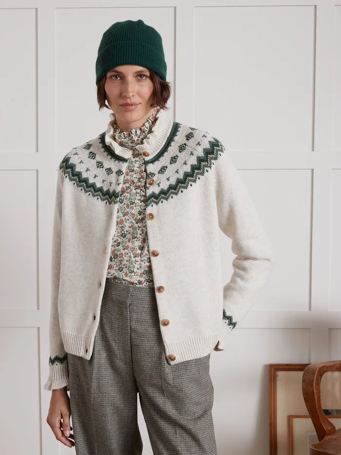 Women Cyrillus Clothing Jacquard Cardigan With Ruffled Neckline Ecru