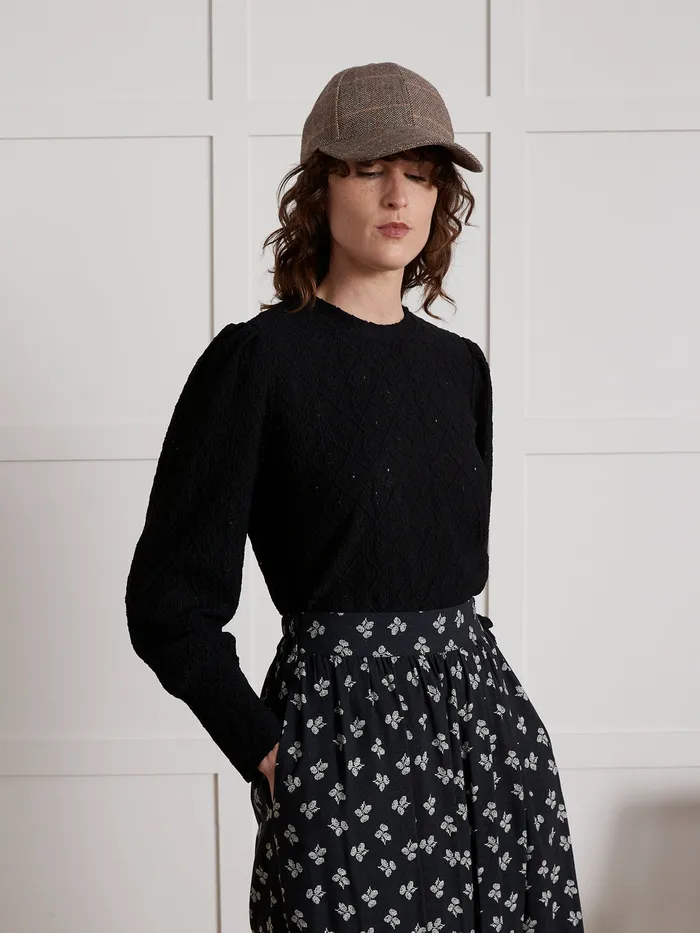 Women Cyrillus Clothing Jacquard THirt With Puffy Sleeves Navy Noir