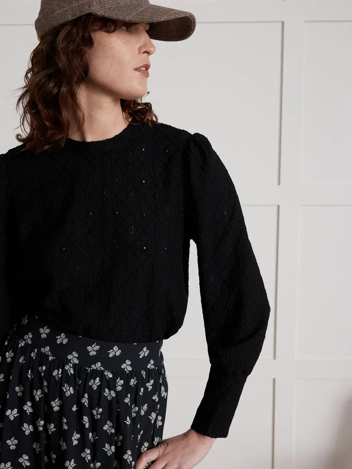 Women Cyrillus Clothing Jacquard THirt With Puffy Sleeves Navy Noir