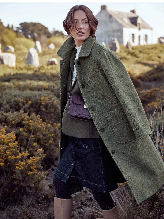 Women Cyrillus Clothing MidLength Oversize Woolen Herringbone Coat Kaki