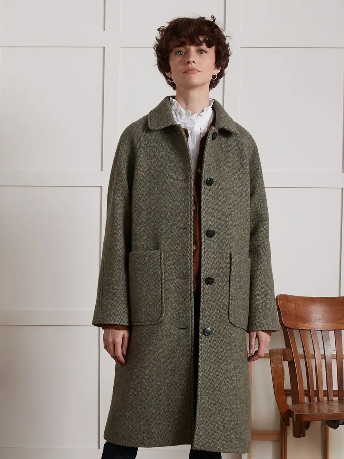 Women Cyrillus Clothing MidLength Oversize Woolen Herringbone Coat Kaki