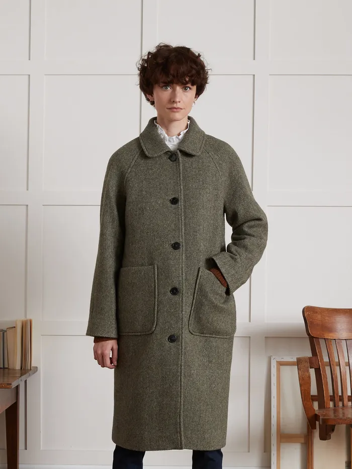 Women Cyrillus Clothing MidLength Oversize Woolen Herringbone Coat Kaki