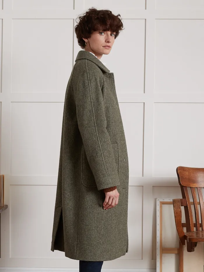 Women Cyrillus Clothing MidLength Oversize Woolen Herringbone Coat Kaki