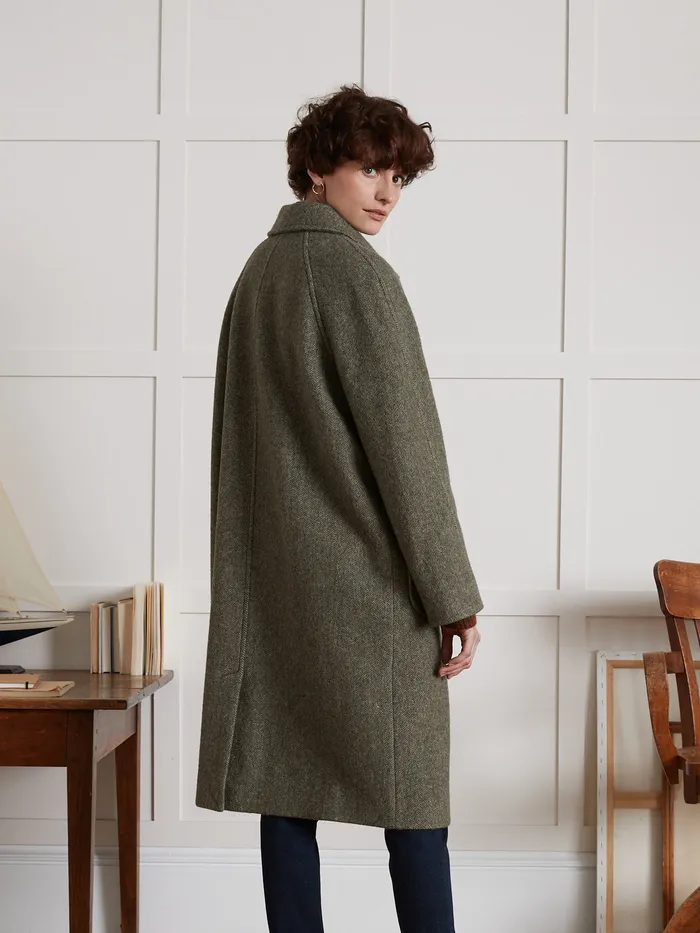 Women Cyrillus Clothing MidLength Oversize Woolen Herringbone Coat Kaki
