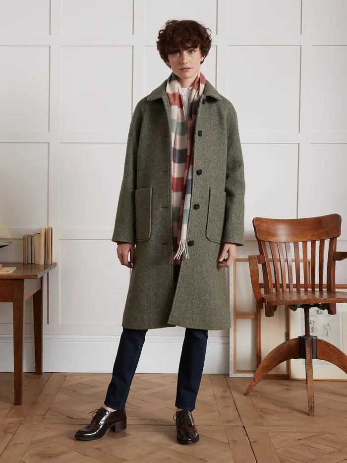 Women Cyrillus Clothing MidLength Oversize Woolen Herringbone Coat Kaki