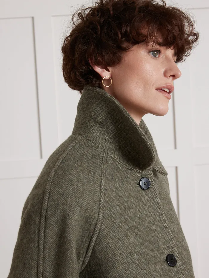 Women Cyrillus Clothing MidLength Oversize Woolen Herringbone Coat Kaki