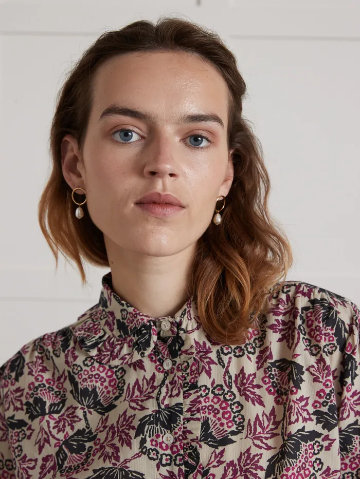 Women Cyrillus Clothing Pablo Piatti Amelia Print Shirt With Frilly Neckline Imp Amelia Violet