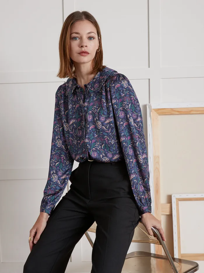 Women Cyrillus Clothing Pablo Piatti Botania Print Shirt With Ruched Collar Imp Botania