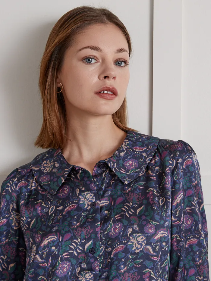 Women Cyrillus Clothing Pablo Piatti Botania Print Shirt With Ruched Collar Imp Botania